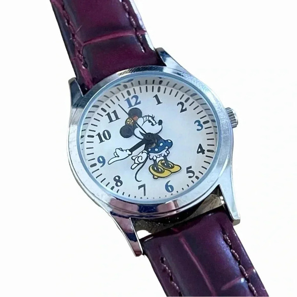 Disney Parks Women’s Classic Minnie Mouse Burgundy Leather Strap Slim Watch - Picture 2 of 8